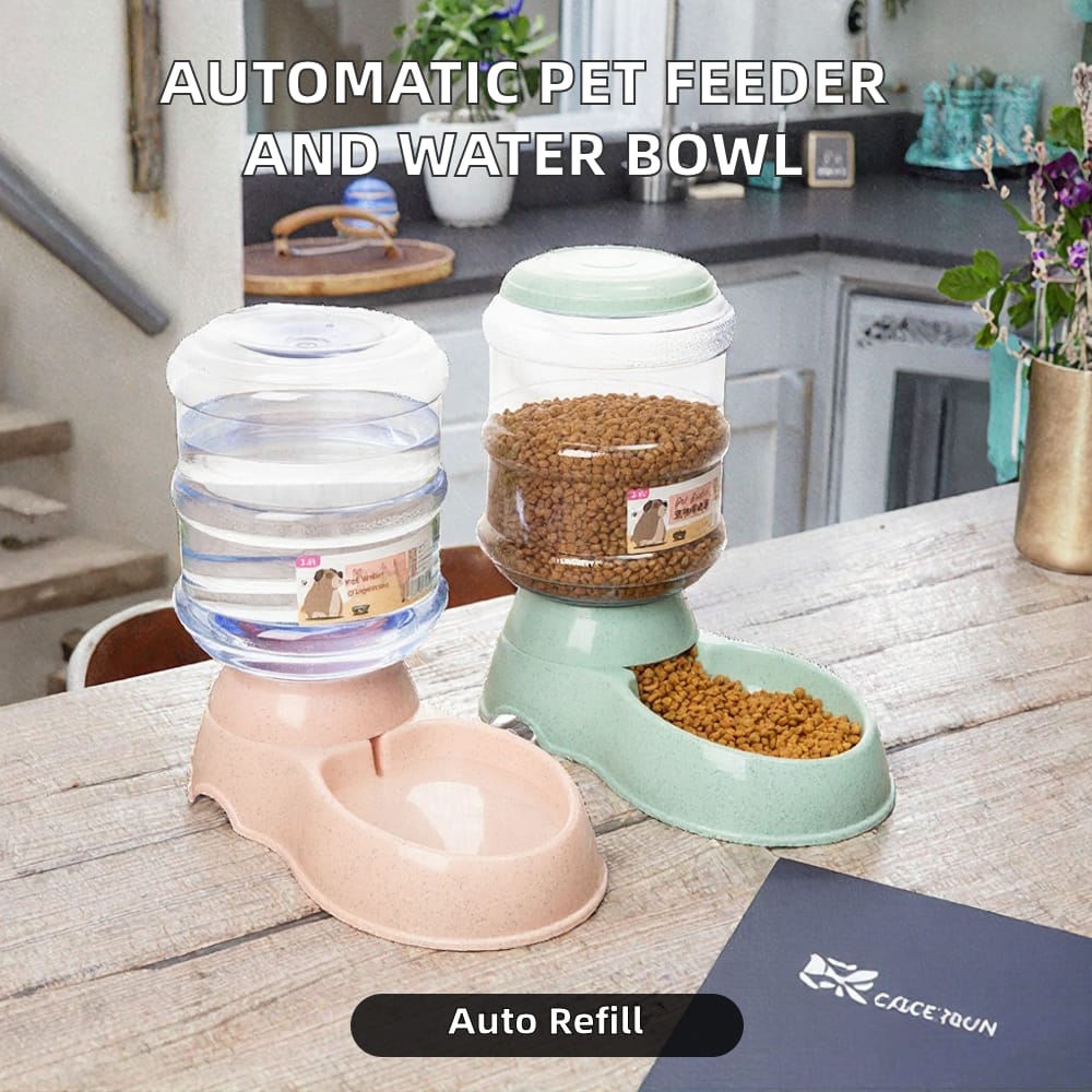 Automatic pet feeder and water bowl set on a kitchen counter with 'Cafe Town' branding.