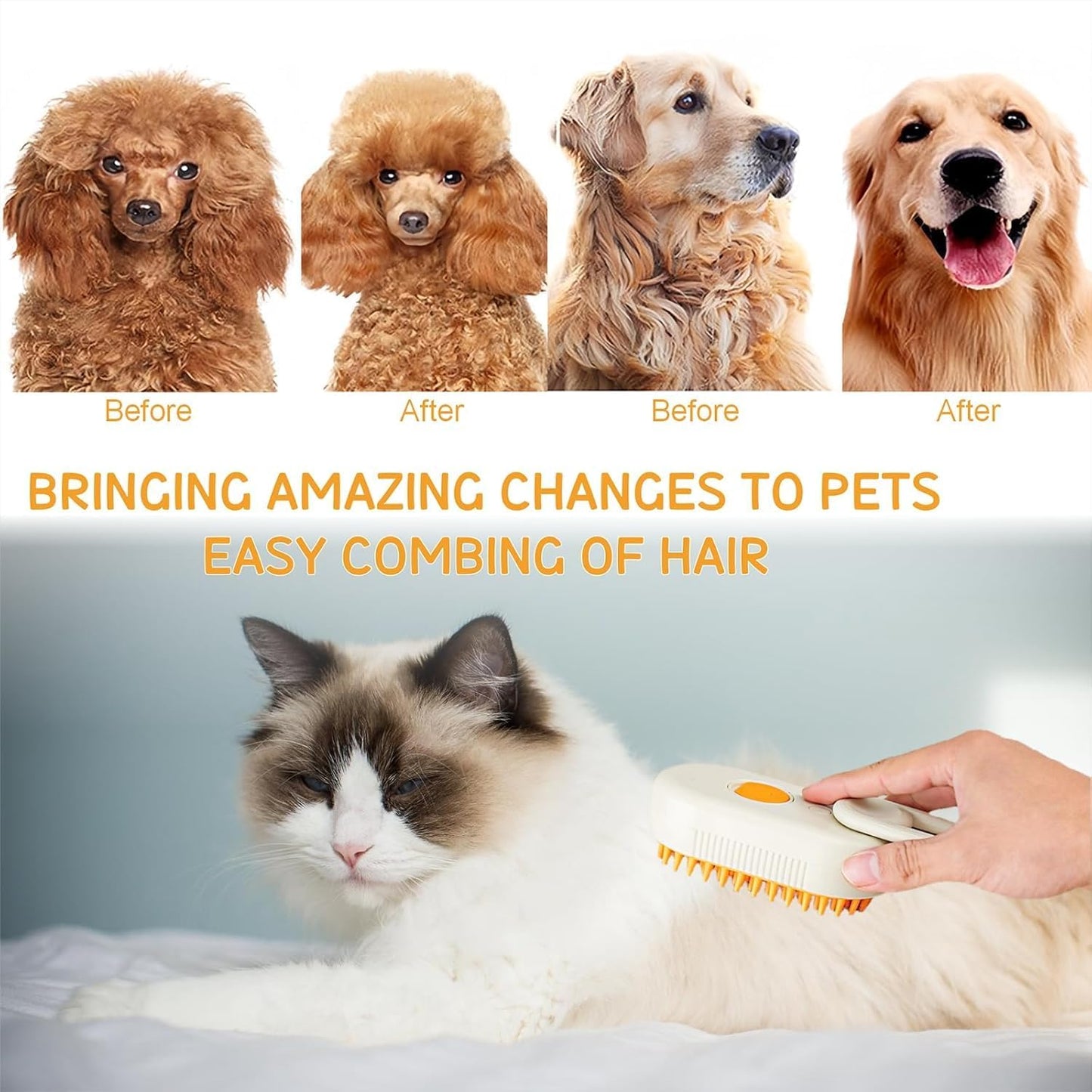 Before and after comparison of pets with grooming tool, text 'Bringing amazing changes to pets easy combing of hair'.